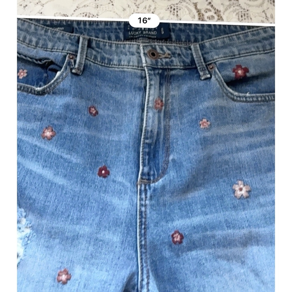 Lucky Brand Slim Fit Skinny Medium Wash Blue Distressed Floral Embroidered Jeans